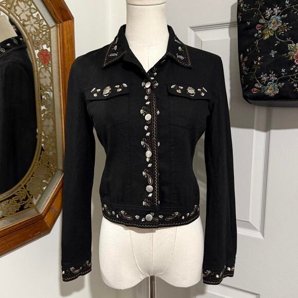 Petite Sophisticate Jackets & Blazers - VTG 90s Petite Sophisticate Black Linen & Gold Floral Embroidered Beaded Jacket